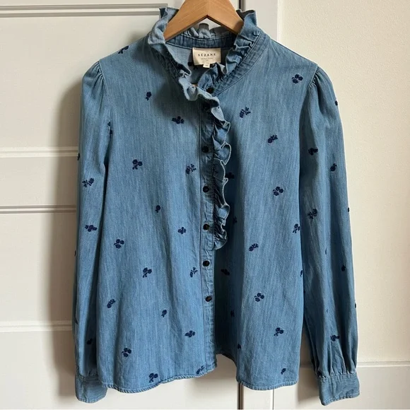 Sézane Chlo Blue Ruffle Denim Shirt Floral Embroidery - Picture 5 of 10